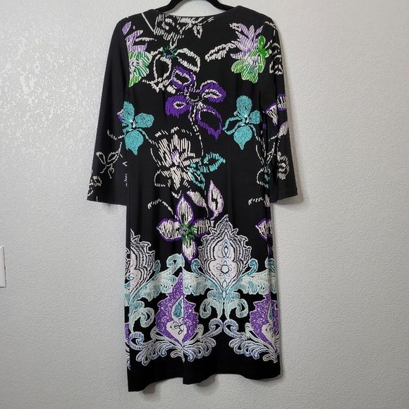 Studio I 3/4 sleeve stretch knit floral graphic scoop neck midi dress - Picture 7 of 7